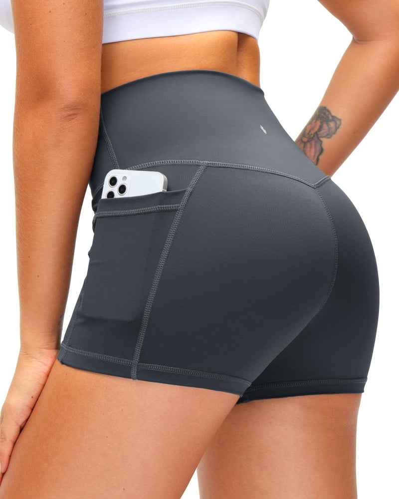 Soothfeel Women's High Waist Yoga Shorts with Side Pockets Tummy Control Running Gym Workout Biker Shorts for Women 8" /3"(3" Dark Grey, S) - Image 1